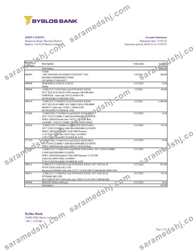 Lebanon Byblos Bank statement